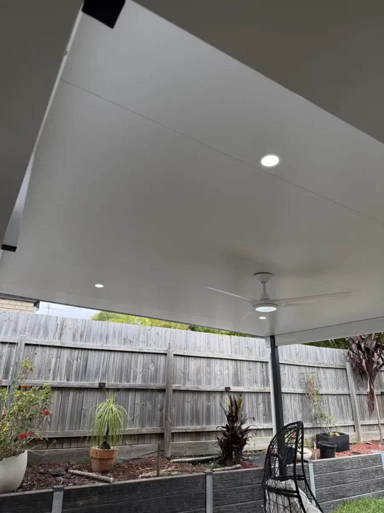 Outdoor ceiling fan and downlights installed in a Hemmant alfresco