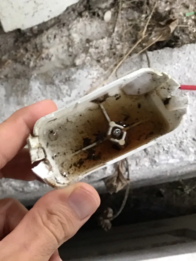 Water and rust inside a power point under a house in Annerley, found while tracing a tripping power circuit
